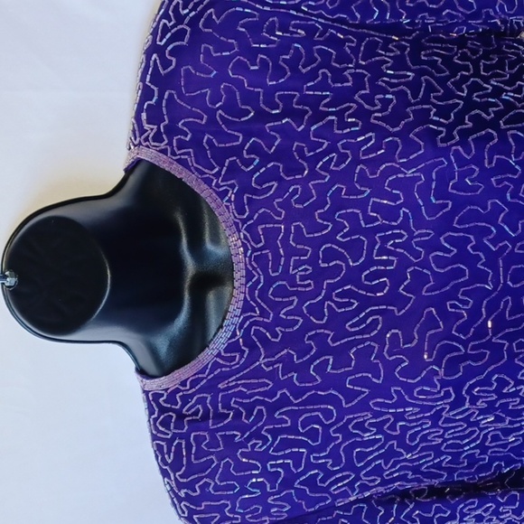 VTG Laurence Kazar Women's Sz L Silk Beaded Sheath Dress Short Sleeve Purple - Picture 2 of 8